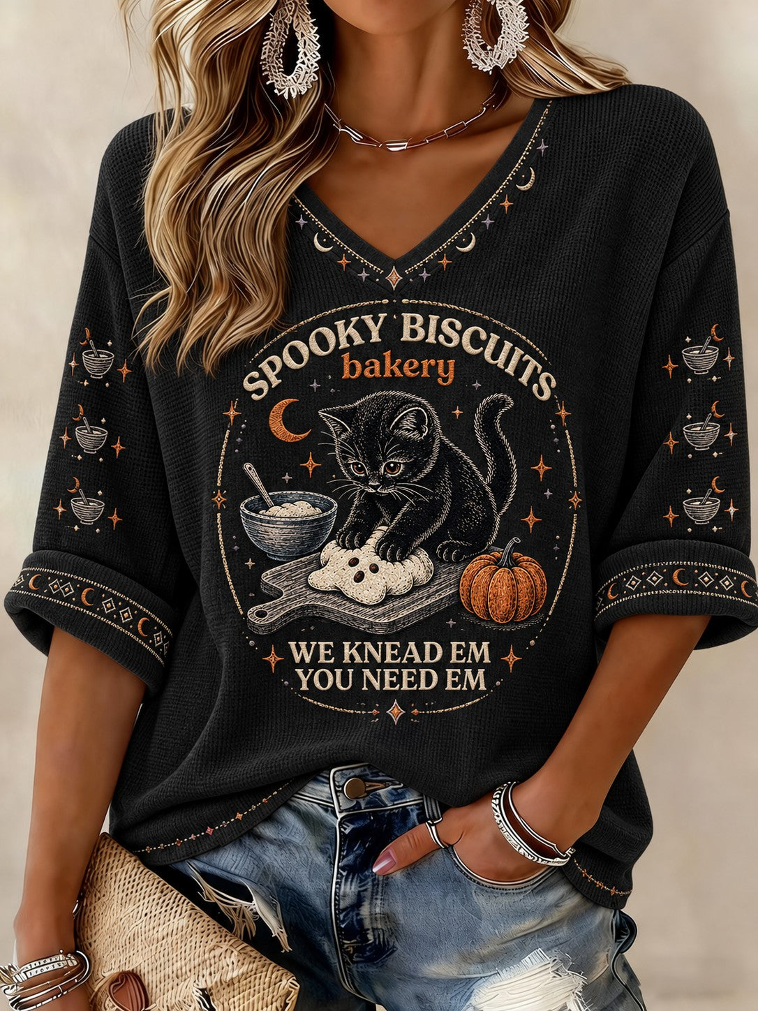 Women's Halloween Cat Printed Mid-length Sleeves V-neck T-shirt