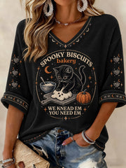 Women's Halloween Cat Printed Mid-length Sleeves V-neck T-shirt