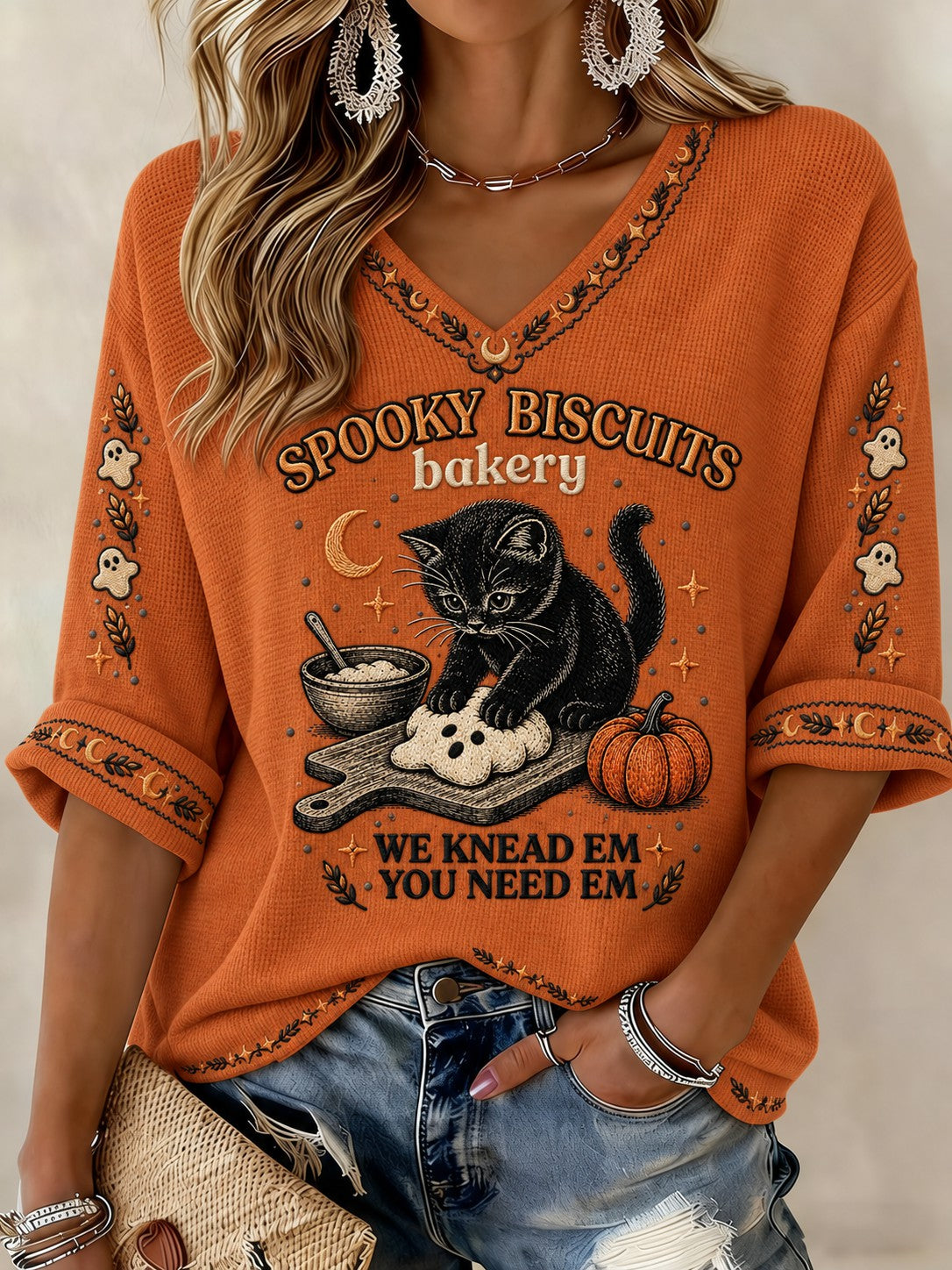 Women's Halloween Cat Printed Mid-length Sleeves V-neck T-shirt