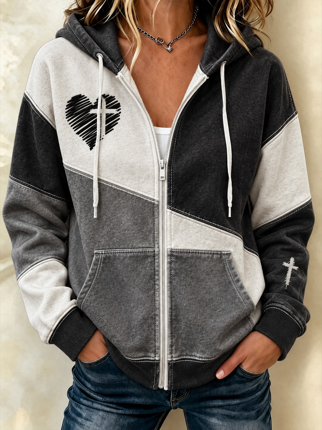 Women's faith-themed color-blocked design casual zip-up hoodie
