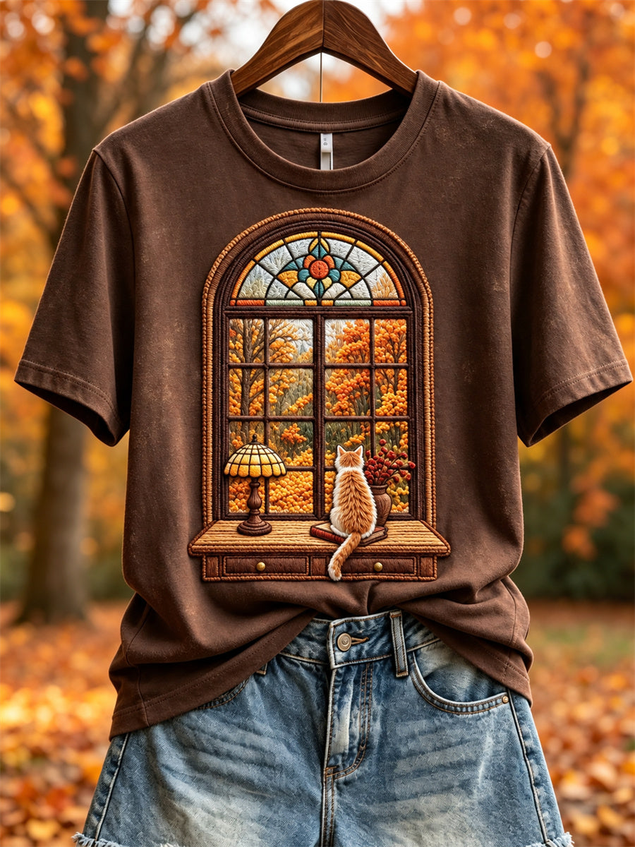 Women's Fall Landscape Window & Cozy Cat Print short-sleeved T-shirt