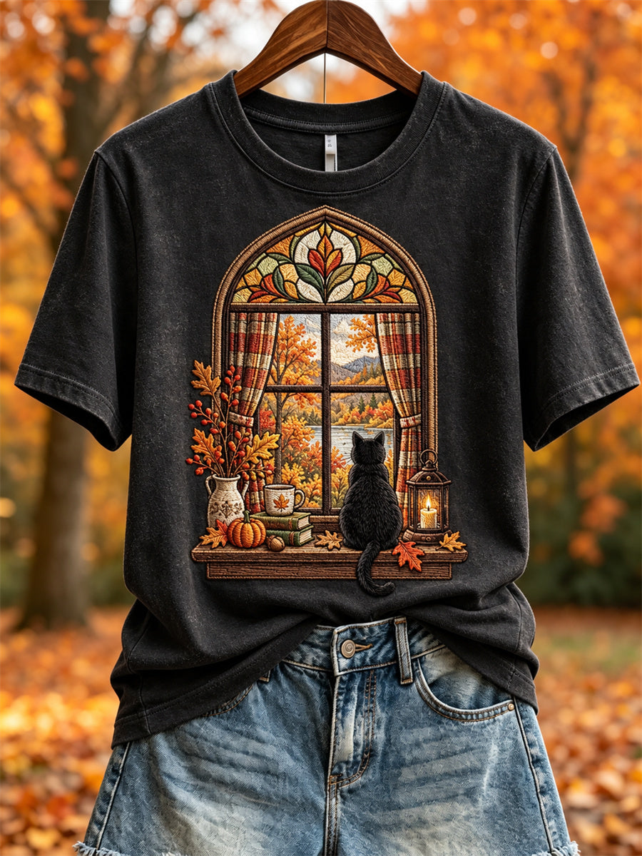 Women's Fall Landscape Window & Cozy Cat Print short-sleeved T-shirt