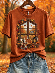 Women's Fall Landscape Window & Cozy Cat Print short-sleeved T-shirt