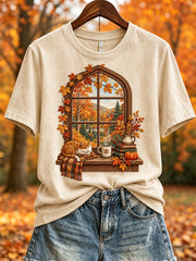 Women's Fall Landscape Window & Cozy Cat Print short-sleeved T-shirt