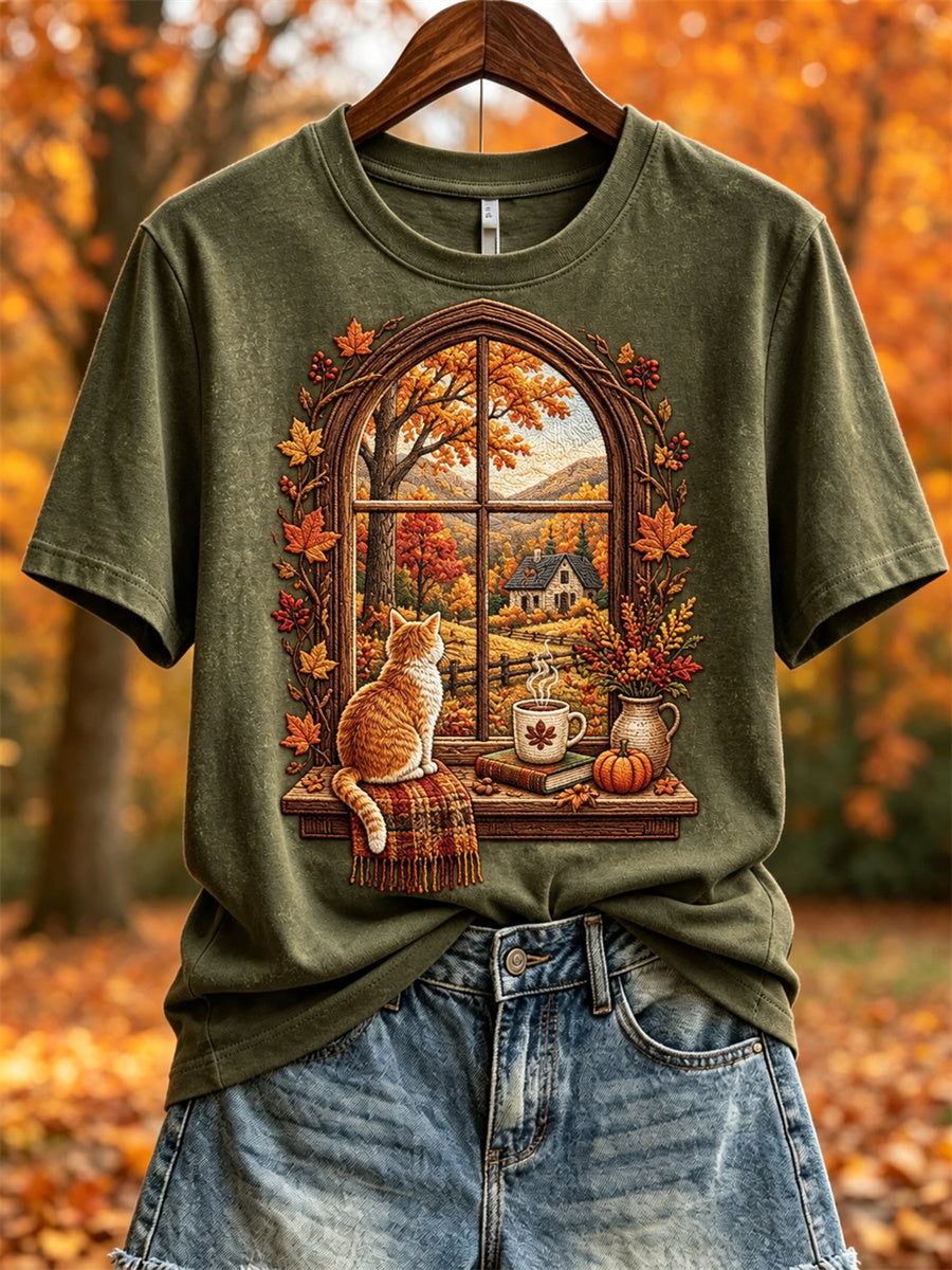 Women's Fall Landscape Window & Cozy Cat Print short-sleeved T-shirt