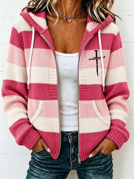 Women's Christian Art Cross Pattern Cozy Knit Hooded Cardigan