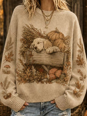 Women's Cute Autumn Puppy WIth Floral  Pumpkins Print Crew Neck Sweater
