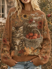 Women's Cute Autumn Cat WIth Floral Print Crew Neck Sweater