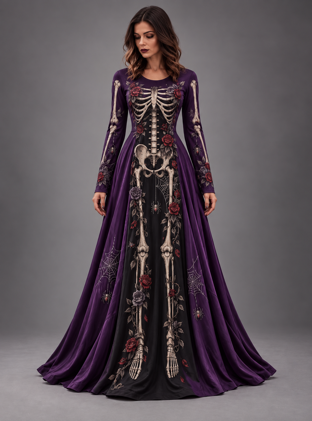 Women's Vintage Halloween Skeleton And Floral Art Print Crew Neck Long Sleeve Maxi Dress