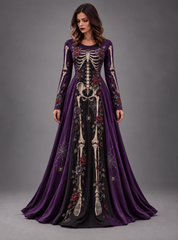 Women's Vintage Halloween Skeleton And Floral Art Print Crew Neck Long Sleeve Maxi Dress