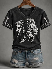Women's Jesus Print Casual V-Neck Tee