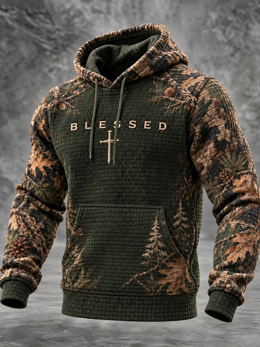 Men's Retro Christian Blessed Cross Print Casual Hoodie