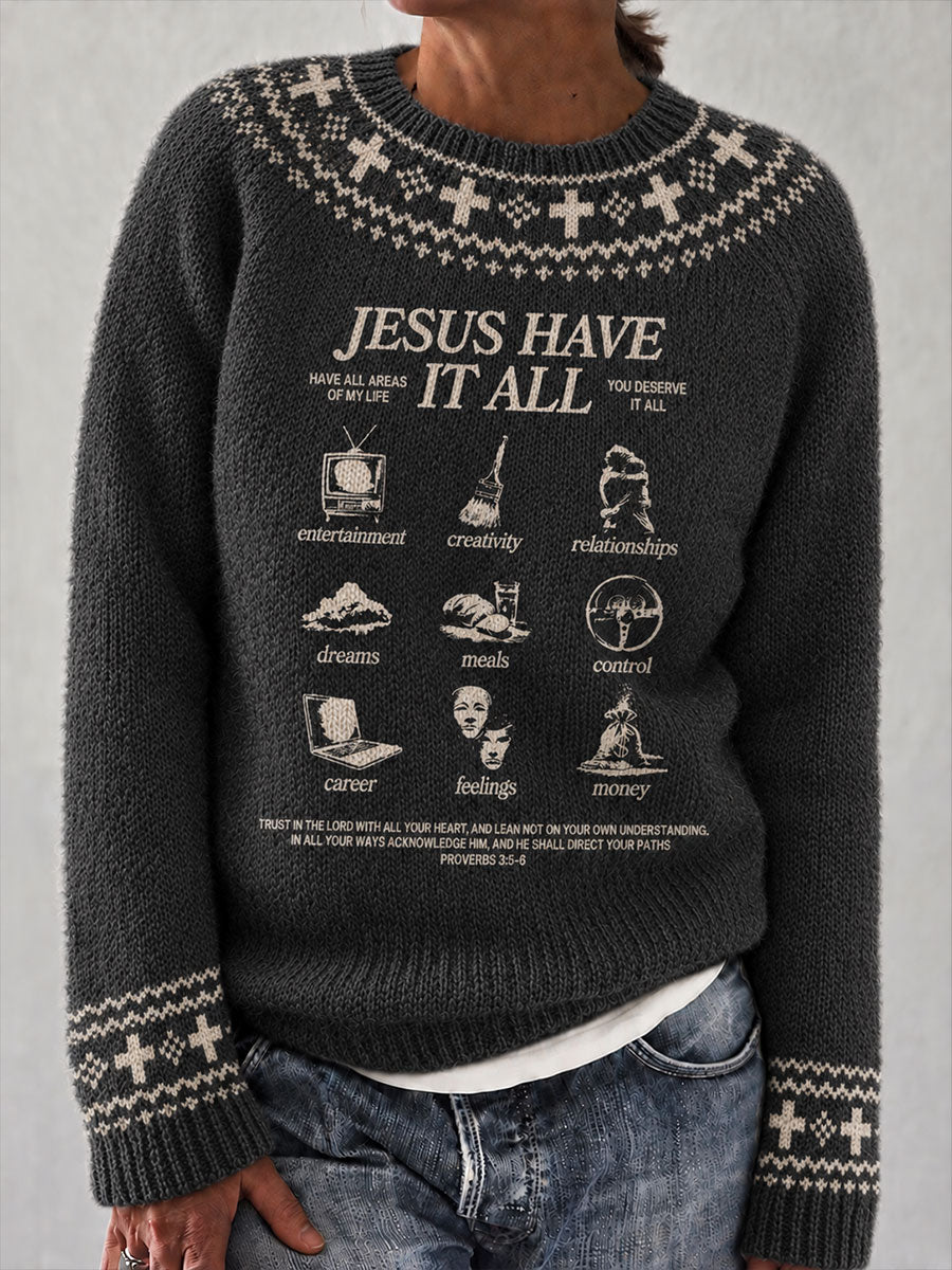 Women's "Jesus Have It All" Faith Print Casual Sweater