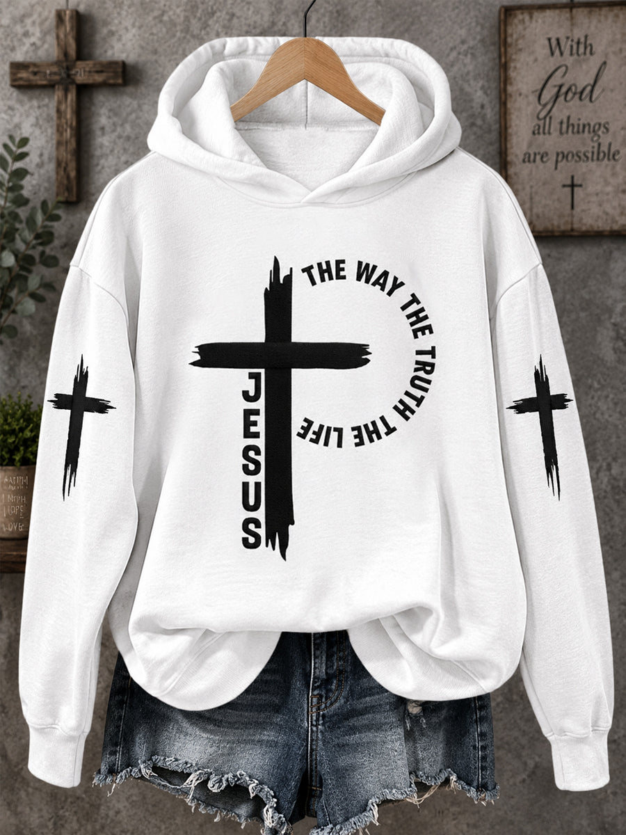 Women's Jesus The Way The Truth The Life Cross Faith Casual Hoodie