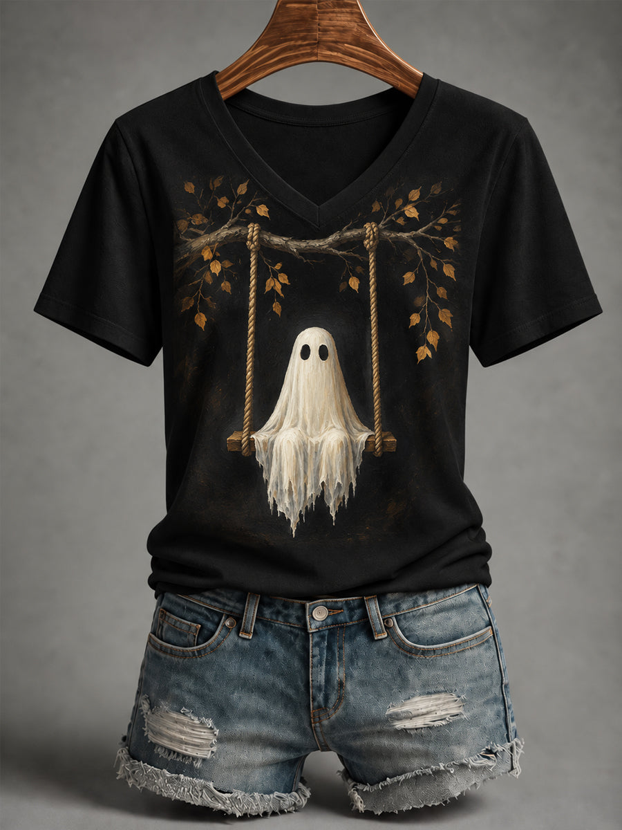 Women's Halloween Cute Ghost On Swing Print Casual V-Neck Tee
