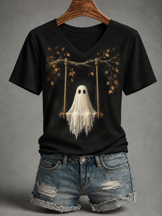 Women's Halloween Cute Ghost On Swing Print Casual V-Neck Tee