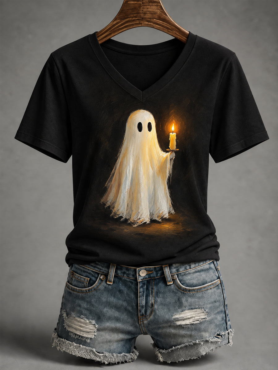 Women's Halloween Cute Ghost Hold Candle Print Casual V-Neck Tee