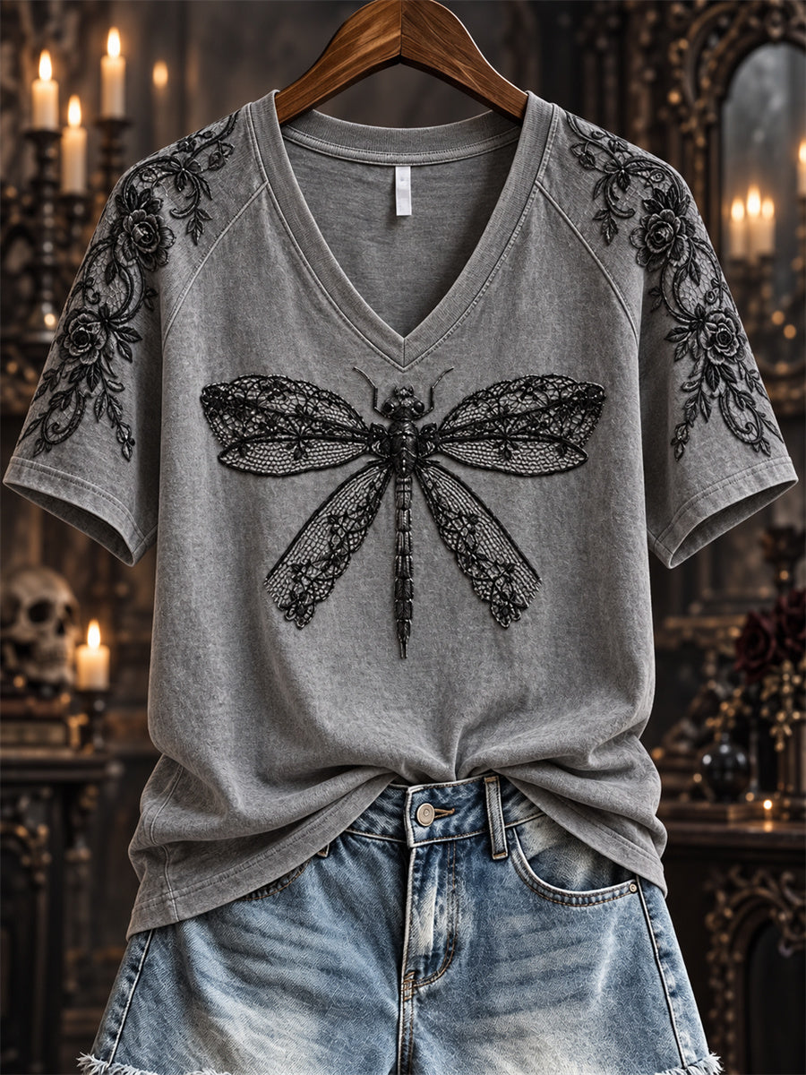 Women's Halloween Gothic Lace Dragonfly Art Print short-sleeved T-shirt