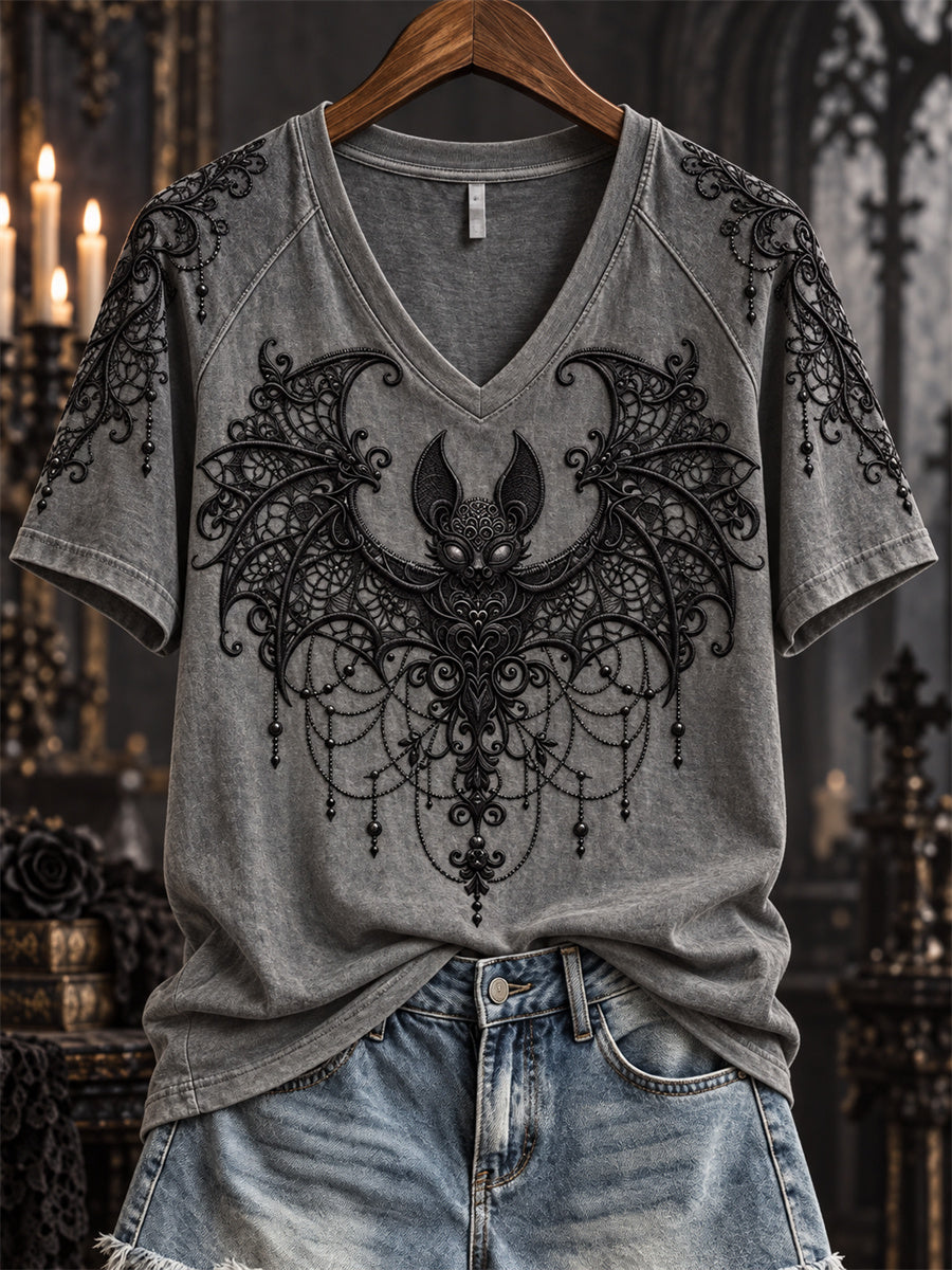 Women's Halloween Gothic Lace Bat Art Print short-sleeved T-shirt