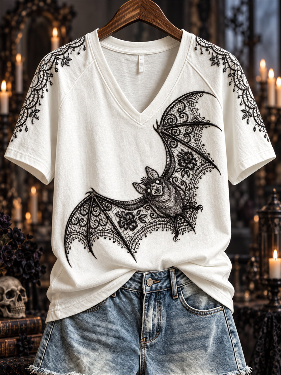 Women's Halloween Gothic Lace Bat Art Print short-sleeved T-shirt