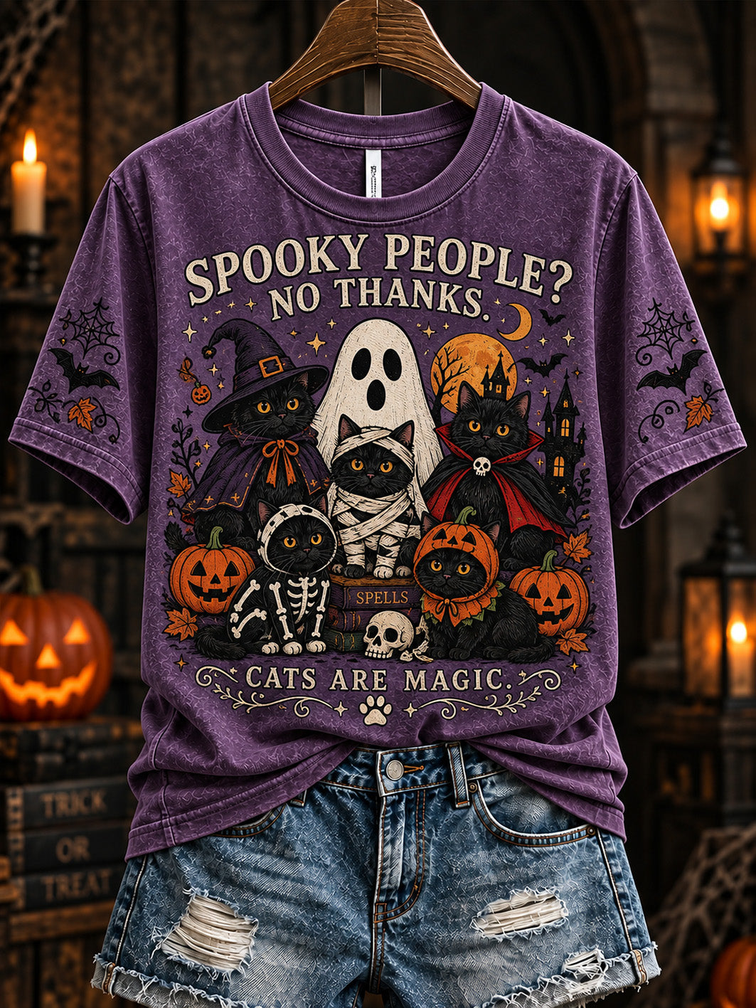 Women's Halloween Costume Cat Pattern Design Casual short-sleeved T-shirt