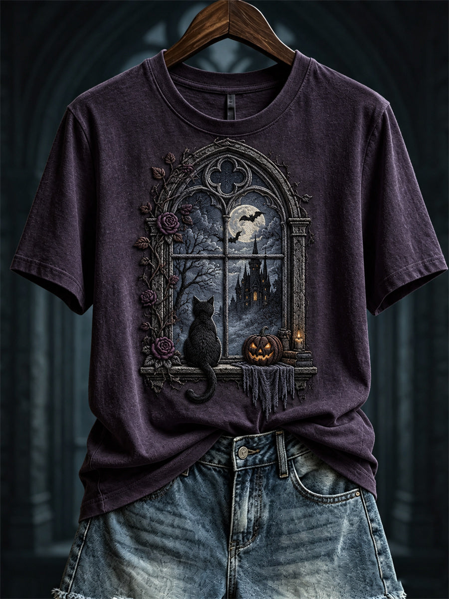 Women's Halloween Scene Gothic Window & Black Cat Print short-sleeved T-shirt