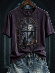 Women's Halloween Scene Gothic Window & Black Cat Print short-sleeved T-shirt
