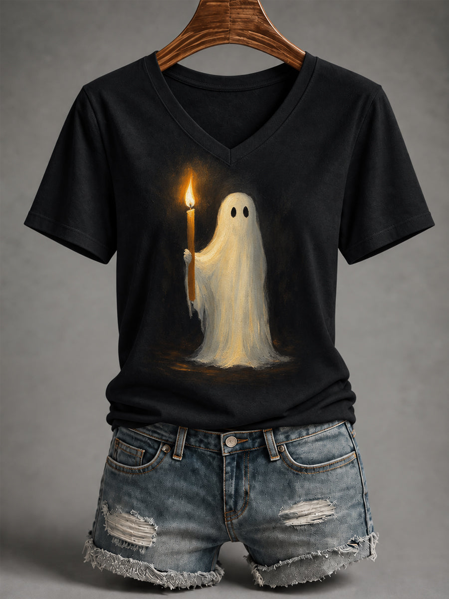 Women's Halloween Cute Ghost Hold Candle Print Casual V-Neck Tee