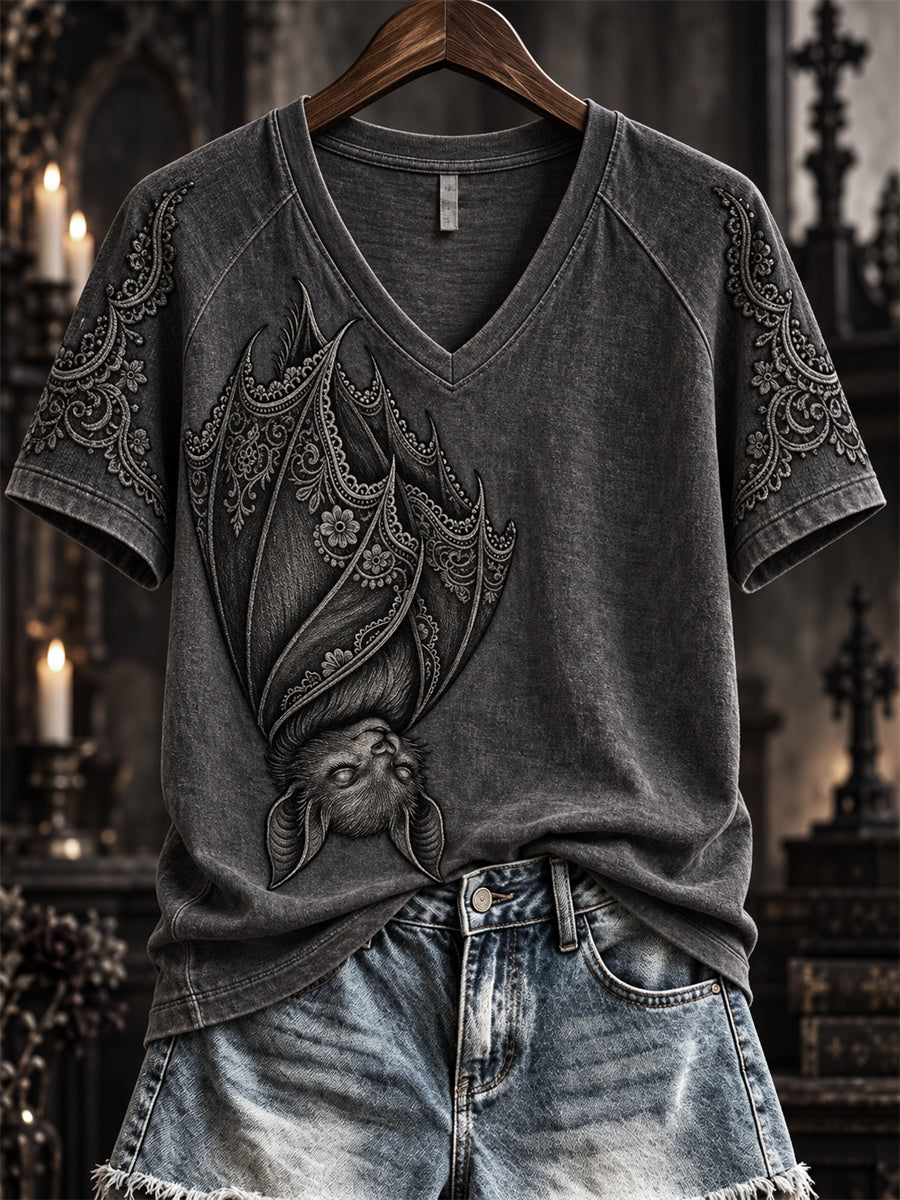 Women's Halloween Gothic Lace Bat Art Print short-sleeved T-shirt