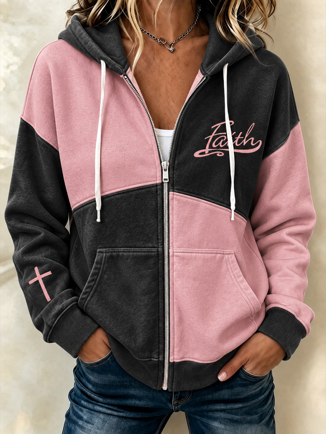 Women's Faith-Themed Color-Blocked Design Casual Zip-Up Hoodie