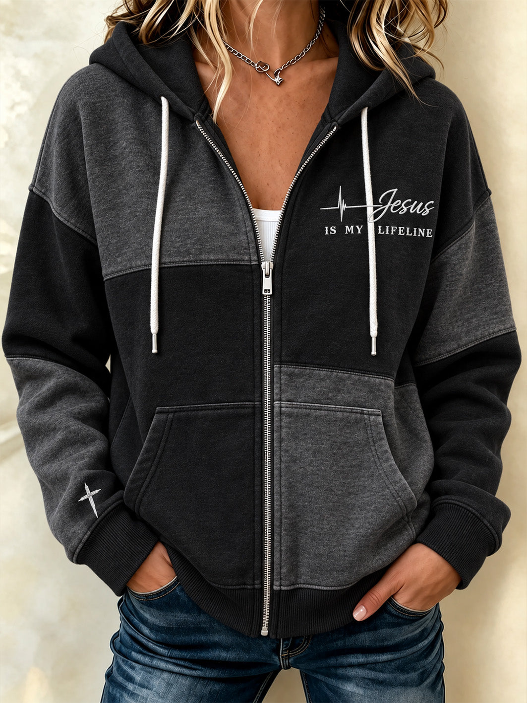Women's Faith-Themed Color-Blocked Design Casual Zip-Up Hoodie