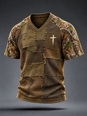 Men's Christian Cross Pattern Patchwork Art T-Shirt