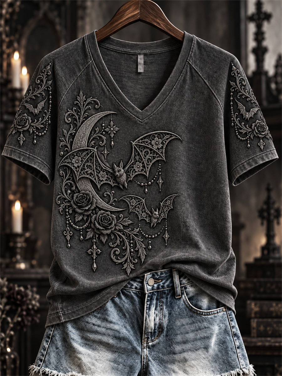 Women's Halloween Gothic Lace Bat Art Print short-sleeved T-shirt