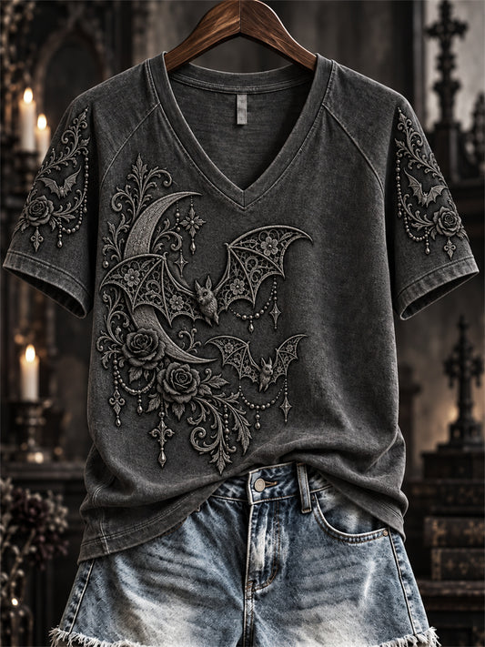 Women's Halloween Gothic Lace Bat Art Print short-sleeved T-shirt