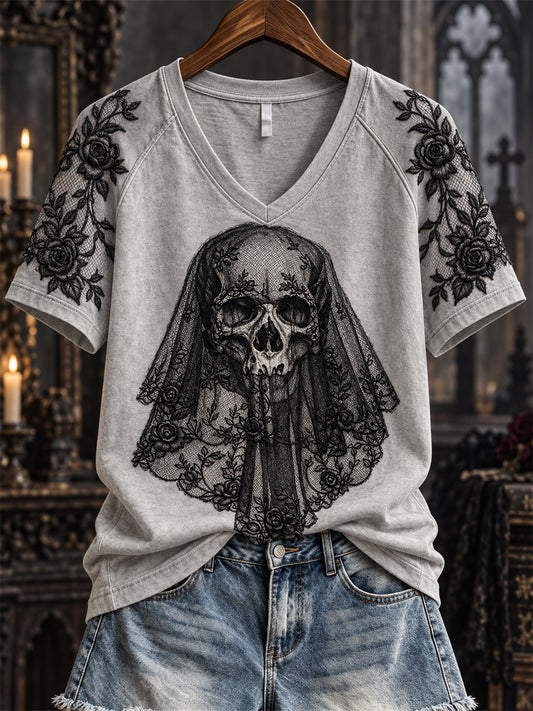 Women's Halloween Gothic Floral Lace Veiled Skull Art Print short-sleeved T-shirt