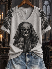 Women's Halloween Gothic Floral Lace Veiled Skull Art Print short-sleeved T-shirt