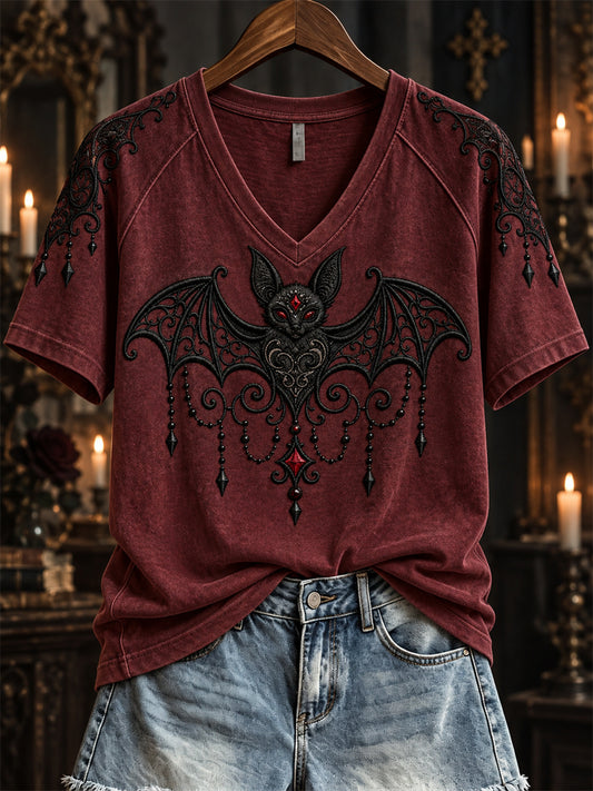 Women's Halloween Gothic Lace Bat Art Print short-sleeved T-shirt