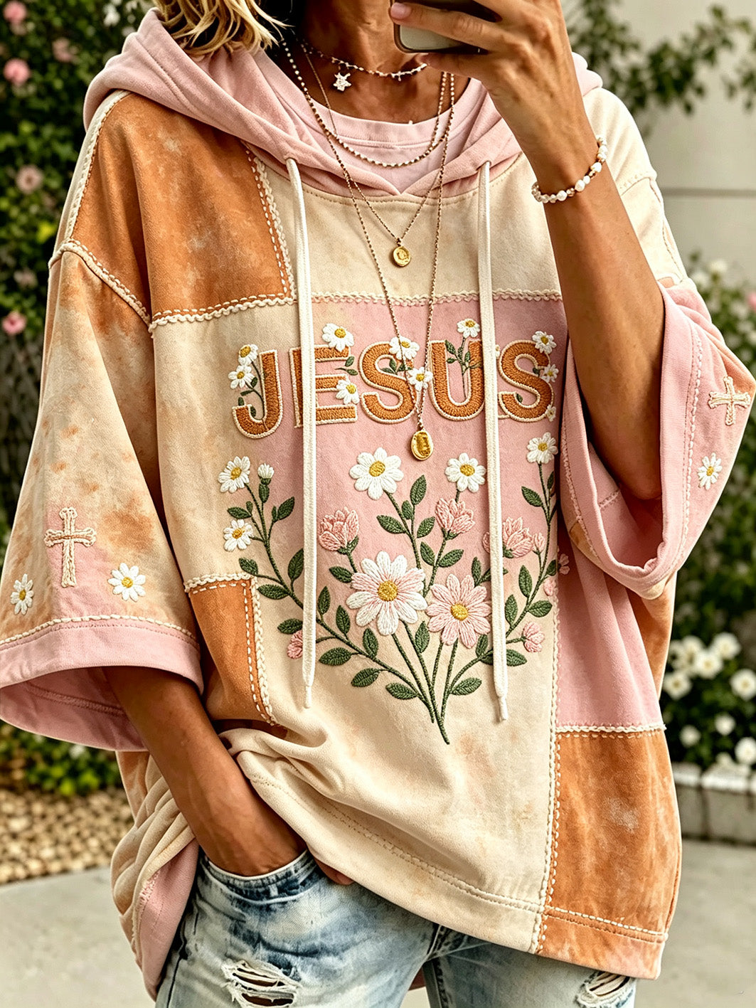 Women’s Autumn Elements Faith Theme Color Block Design Casual Hoodie
