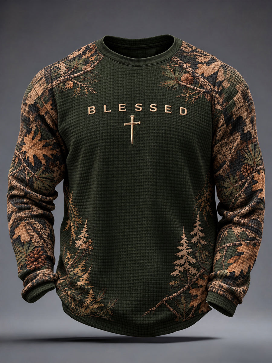 Men's Retro Christian Blessed Cross Print Casual  Waffle Long Sleeve T-Shirt