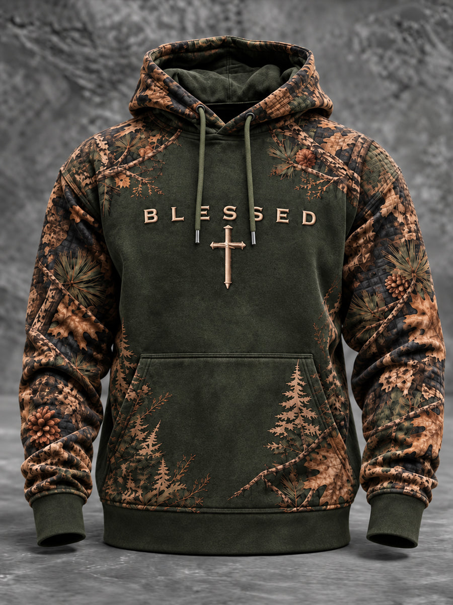 Men's Retro Christian Blessed Cross Oversized Drop-Shoulder Hoodie with Pockets