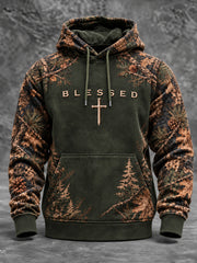 Men's Retro Christian Blessed Cross Oversized Drop-Shoulder Hoodie with Pockets