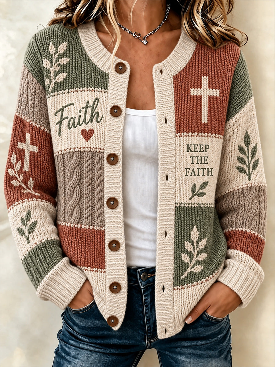 Women's Christian Cross Faith Patchwork Print Casual Cardigan