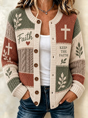 Women's Christian Cross Faith Patchwork Print Casual Cardigan