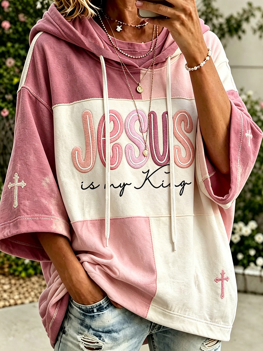Women's Faith-Themed Color-Blocked Design Casual Hoodie