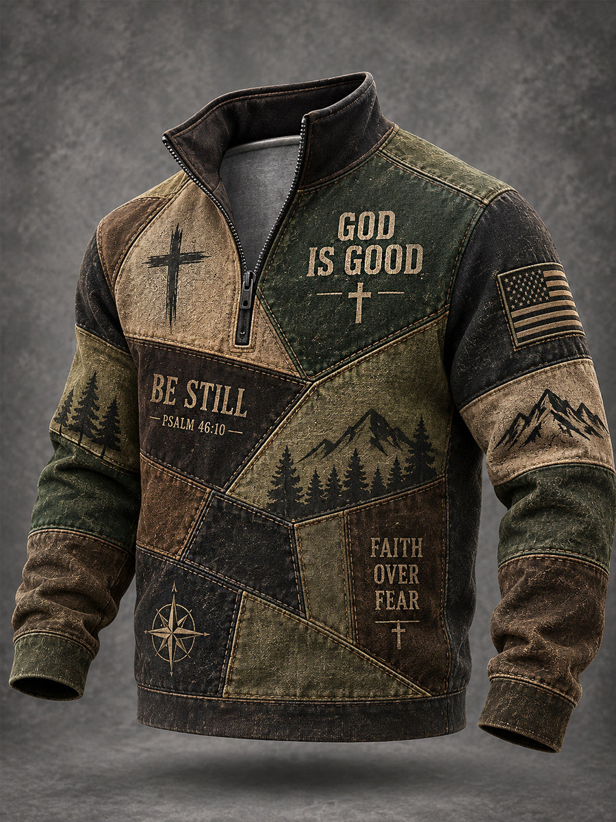 Men's God Is Good Faith Over Fear Christian Cross Faith Patchwork Print Casual Zipper Pullover