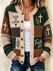 Women's Christian Cross Faith Patchwork Print Casual Cardigan
