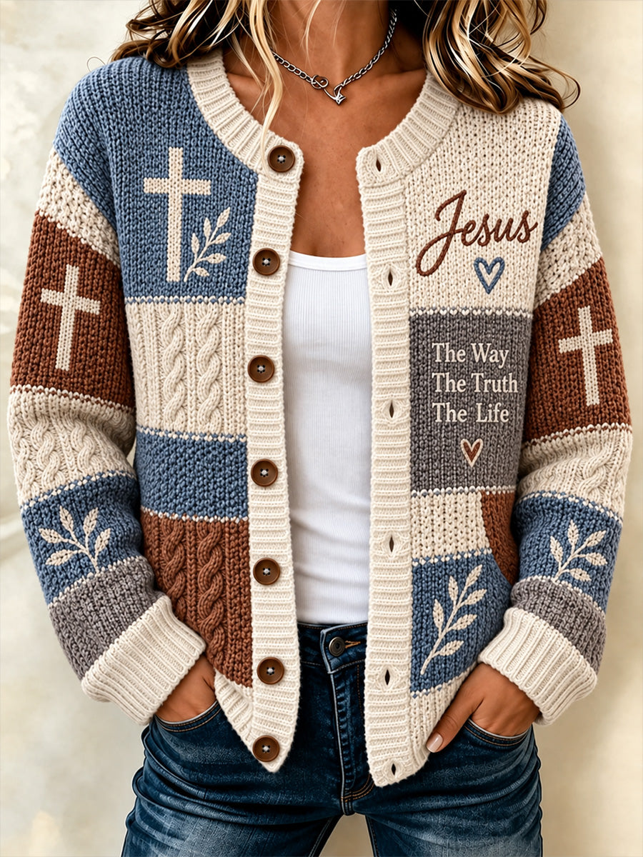 Women's Christian Cross Faith Patchwork Print Casual Cardigan