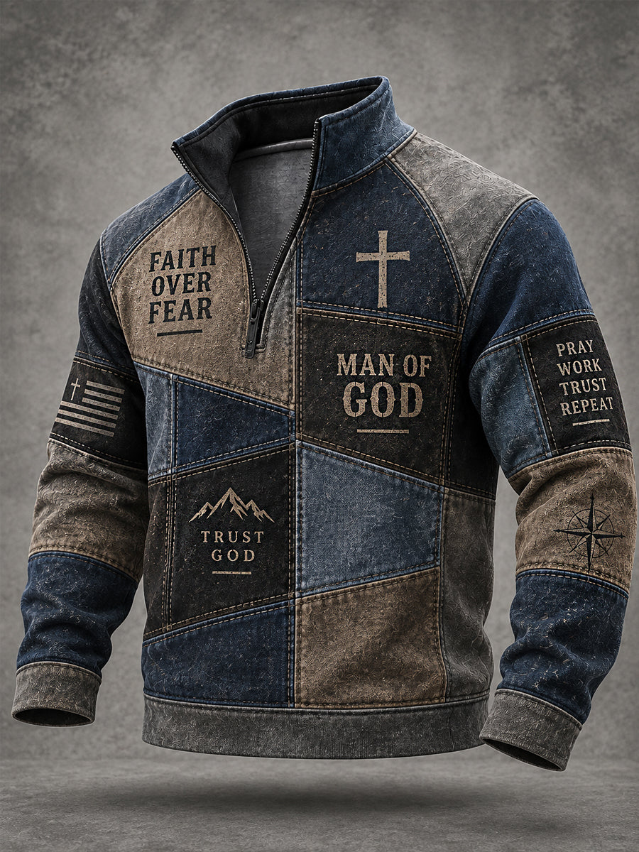 Men's Faith Over Fear Christian Cross Faith Patchwork Print Casual Zipper Pullover