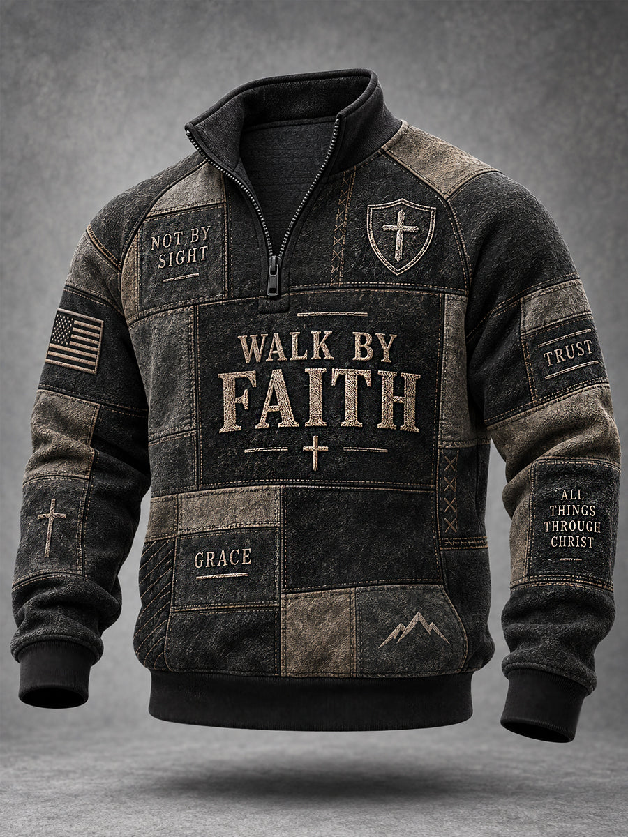 Men's Walk By Faith Christian Cross Faith Patchwork Print Casual Zipper Pullover