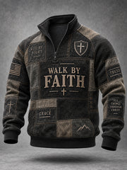 Men's Walk By Faith Christian Cross Faith Patchwork Print Casual Zipper Pullover